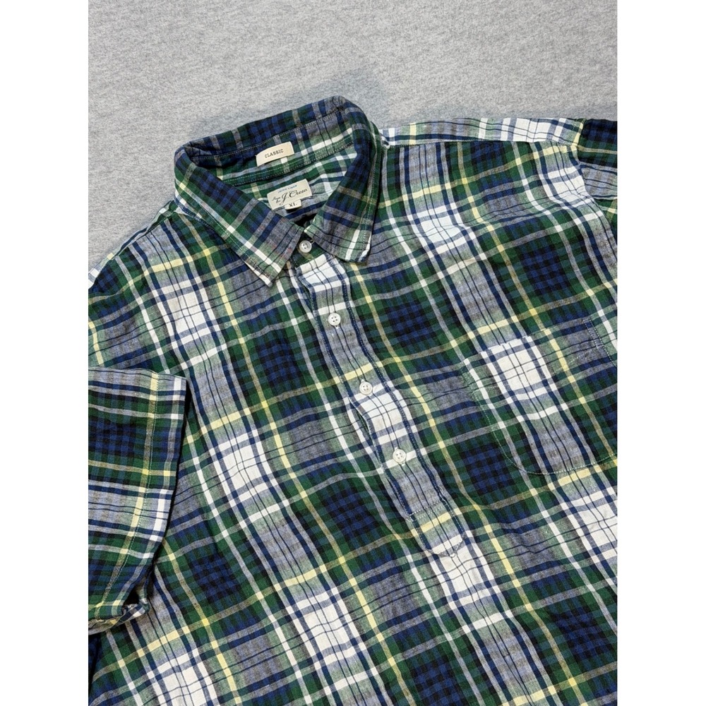 J.Crew Mens XL Irish Linen Plaid Short Sleeve Popover Shirt Green Blue CJ505